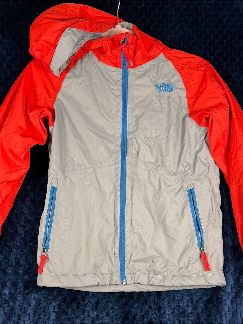 The North Face Kids orange & Gray Hooded Rain Jacket with Blue Trim size 7/8